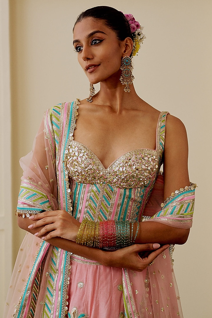 Soft Pink Tussar Mirror Embellished Wedding Lehenga Set by Gopi Vaid at Pernia's Pop Up Shop