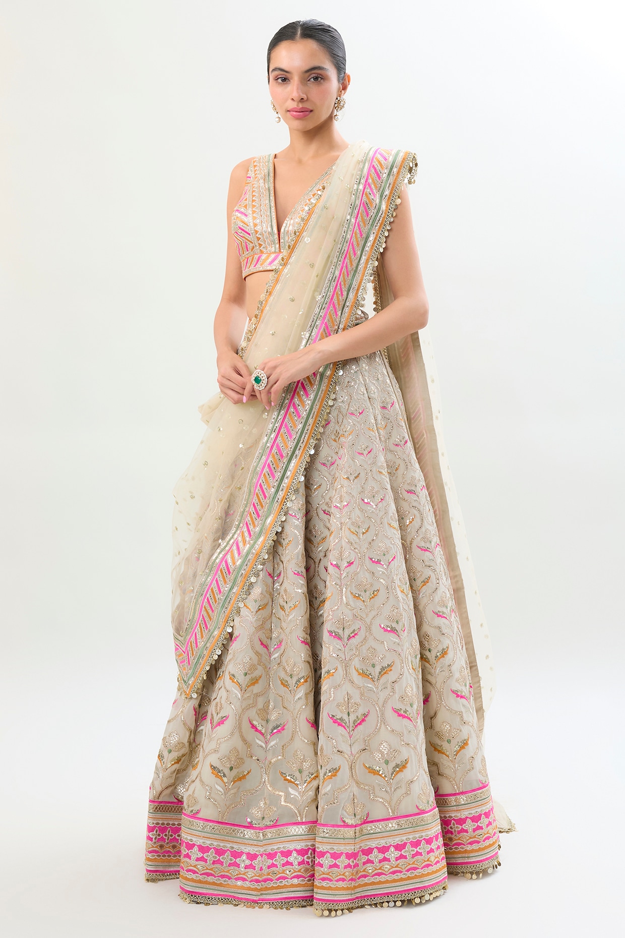 Gopi Vaid Ivory Georgette Mirror Embroidered Bridal Lehenga Set