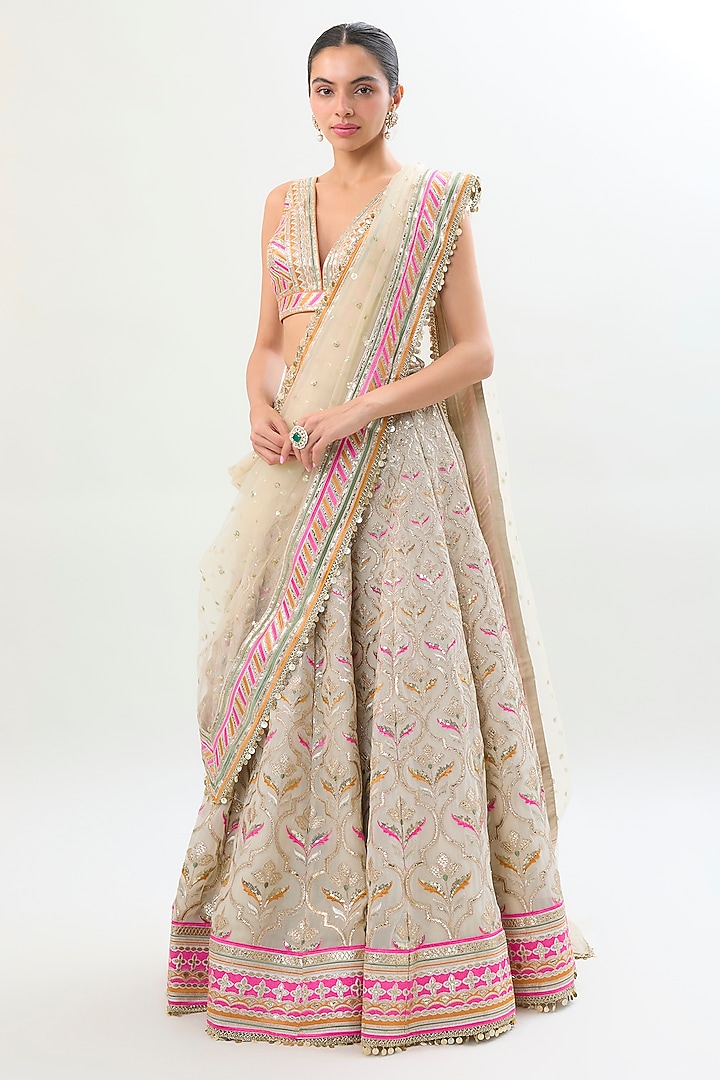 Ivory Georgette Mirror Embroidered Bridal Wedding Lehenga Set by Gopi Vaid at Pernia's Pop Up Shop