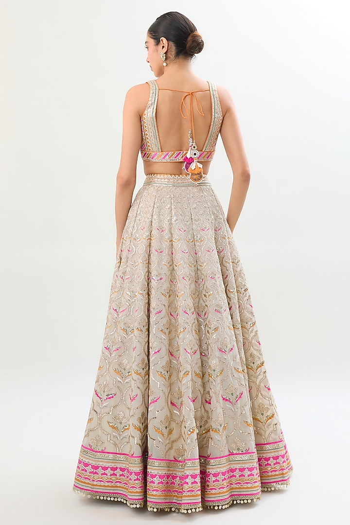 Ivory Georgette Mirror Embroidered Bridal Wedding Lehenga Set by Gopi Vaid at Pernia's Pop Up Shop