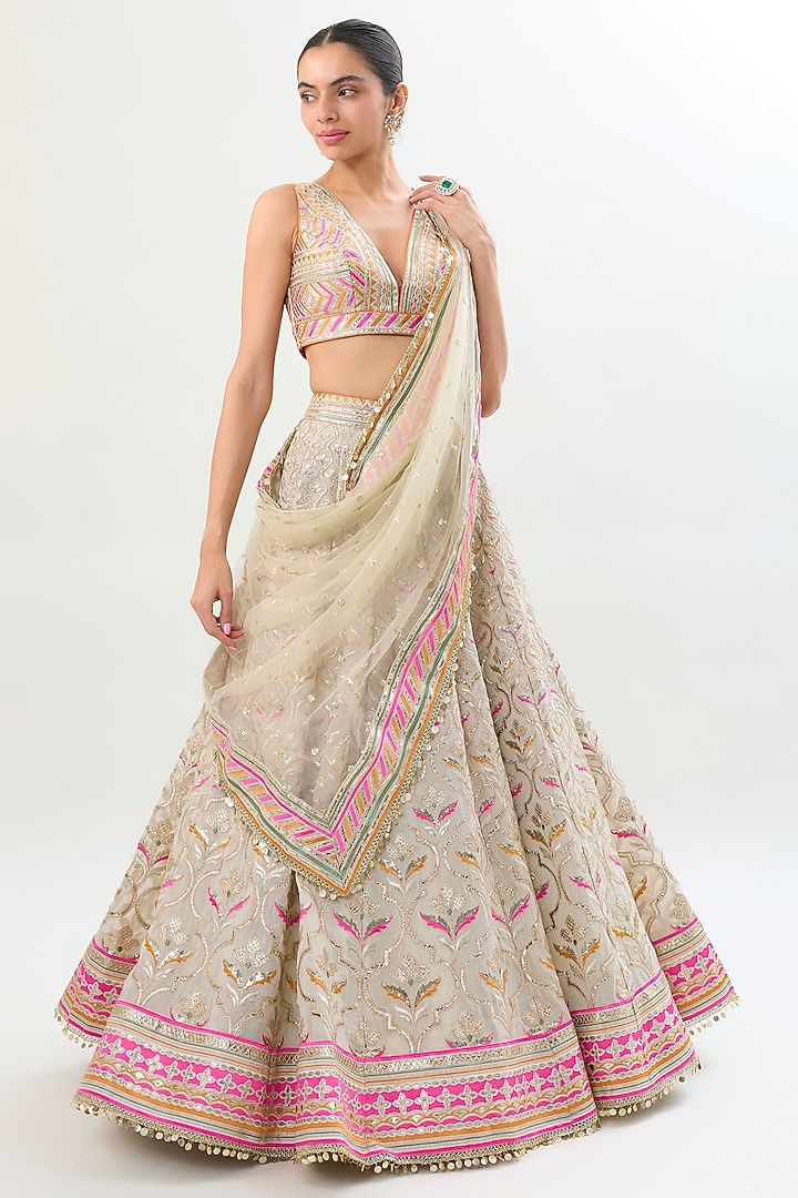 Ivory Georgette Mirror Embroidered Bridal Wedding Lehenga Set by Gopi Vaid at Pernia's Pop Up Shop