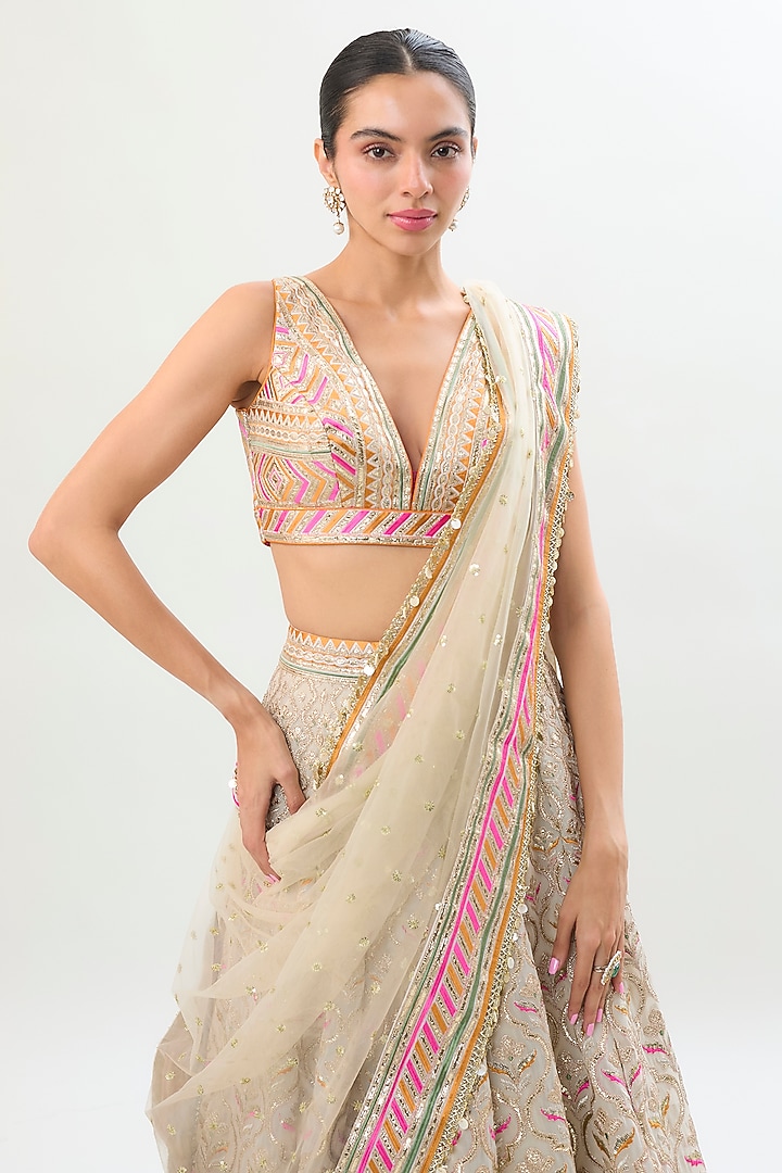 Ivory Georgette Mirror Embroidered Bridal Wedding Lehenga Set by Gopi Vaid at Pernia's Pop Up Shop