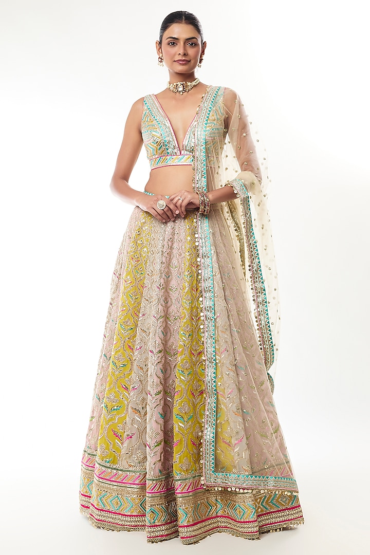 Multi-Colored Georgette Mirror Work Wedding Lehenga Set by GOPI VAID at Pernia's Pop Up Shop