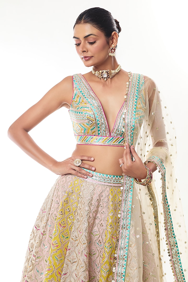 Multi-Colored Georgette Mirror Work Wedding Lehenga Set by GOPI VAID at Pernia's Pop Up Shop