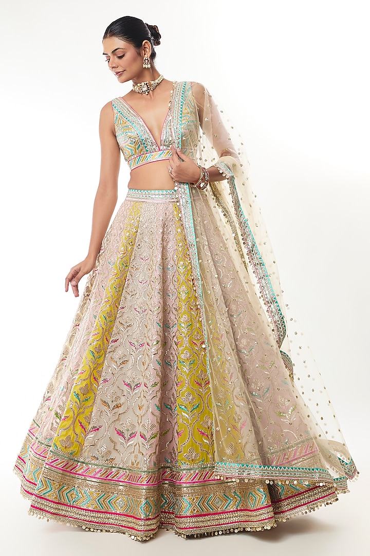 Multi-Colored Georgette Mirror Work Wedding Lehenga Set by GOPI VAID at Pernia's Pop Up Shop