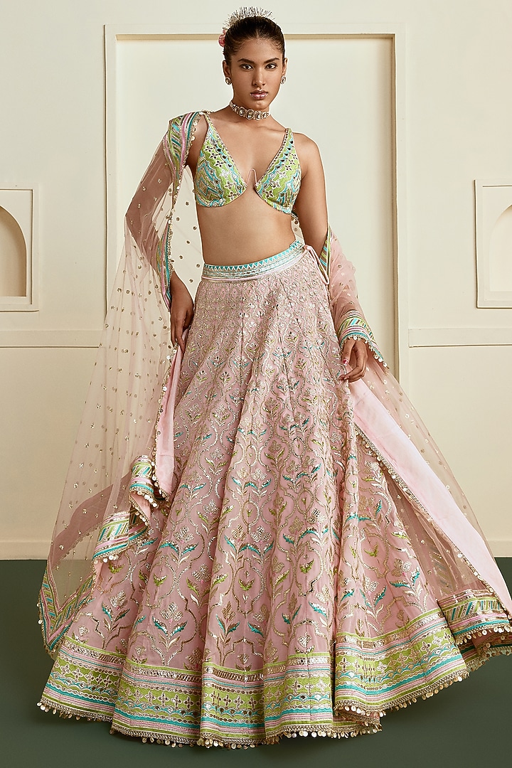 Soft Pink Georgette Mirror Embroidered Wedding Lehenga Set by Gopi Vaid at Pernia's Pop Up Shop