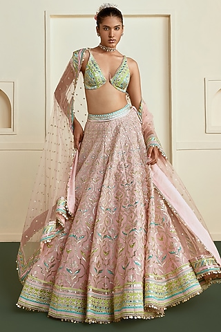 Soft Pink Georgette Mirror Embroidered Lehenga Set by Gopi Vaid