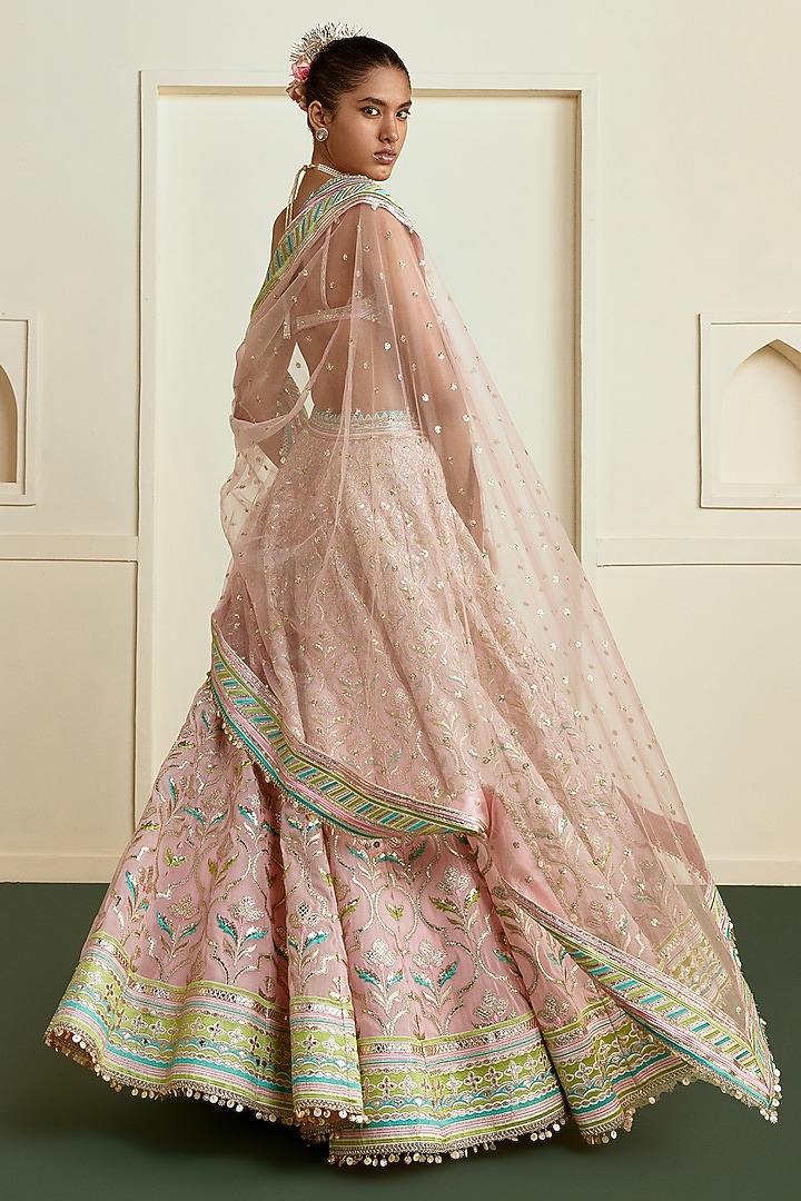 Soft Pink Georgette Mirror Embroidered Wedding Lehenga Set by Gopi Vaid at Pernia's Pop Up Shop