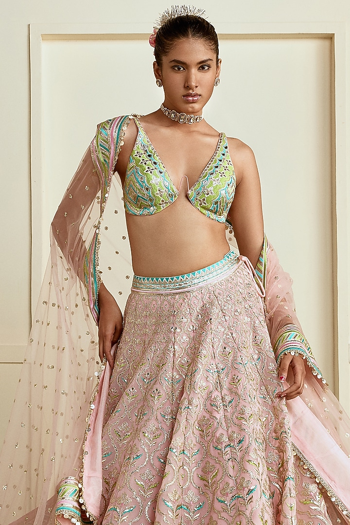 Soft Pink Georgette Mirror Embroidered Wedding Lehenga Set by Gopi Vaid at Pernia's Pop Up Shop