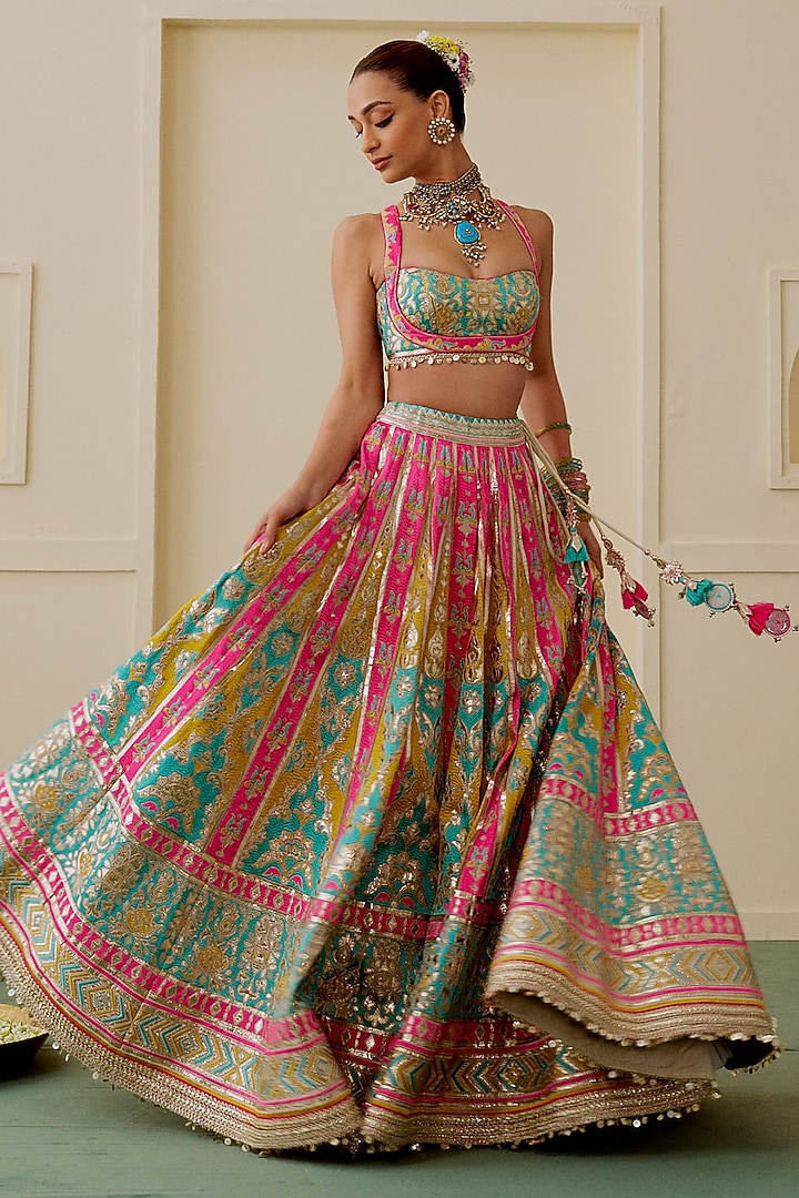 Multi-Colored Georgette Mirror Embroidered Wedding Lehenga Set by Gopi Vaid at Pernia's Pop Up Shop