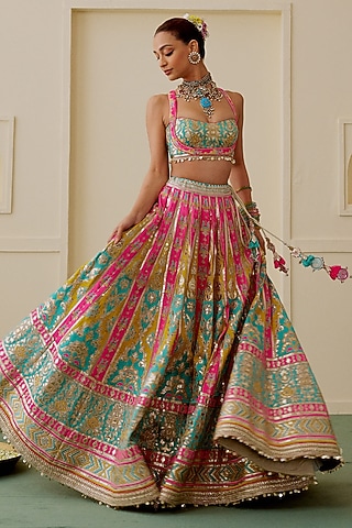 Multi-Colored Georgette Mirror Embroidered Lehenga Set by Gopi Vaid