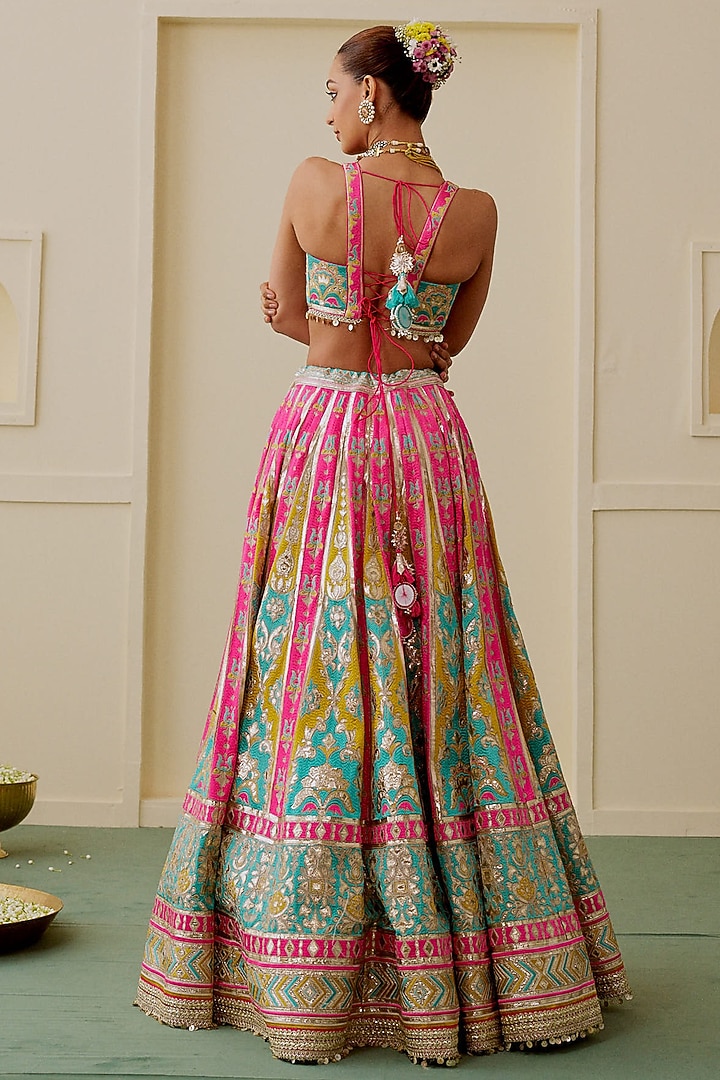 Multi-Colored Georgette Mirror Embroidered Wedding Lehenga Set by Gopi Vaid at Pernia's Pop Up Shop