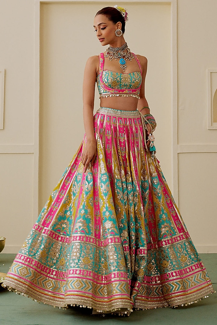 Multi-Colored Georgette Mirror Embroidered Wedding Lehenga Set by Gopi Vaid at Pernia's Pop Up Shop