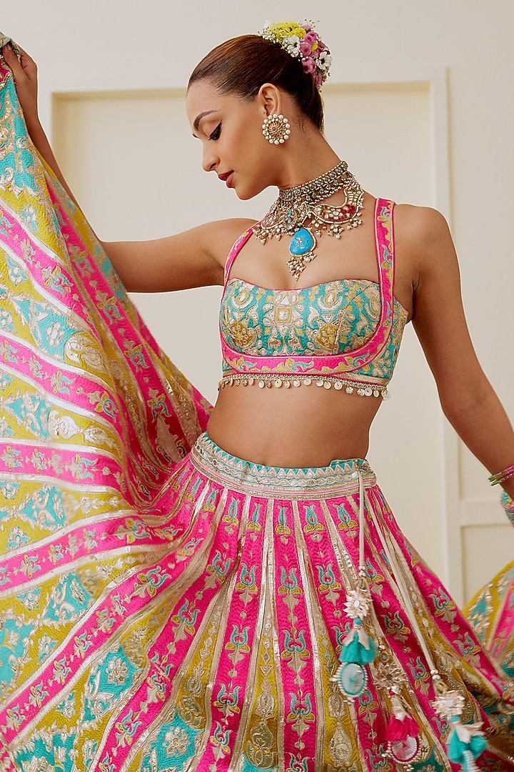 Multi-Colored Georgette Mirror Embroidered Wedding Lehenga Set by Gopi Vaid at Pernia's Pop Up Shop