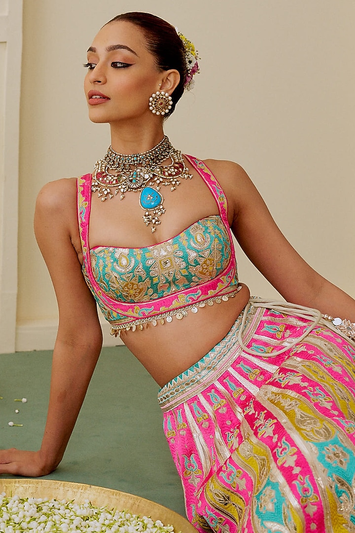 Multi-Colored Georgette Mirror Embroidered Wedding Lehenga Set by Gopi Vaid at Pernia's Pop Up Shop