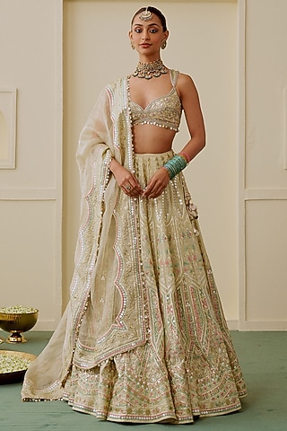Golden Tissue Mirror Embroidered Lehenga Set by Gopi Vaid