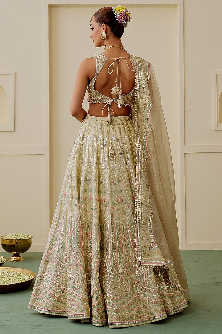 Golden Tissue Mirror Embroidered Wedding Lehenga Set by Gopi Vaid at Pernia's Pop Up Shop