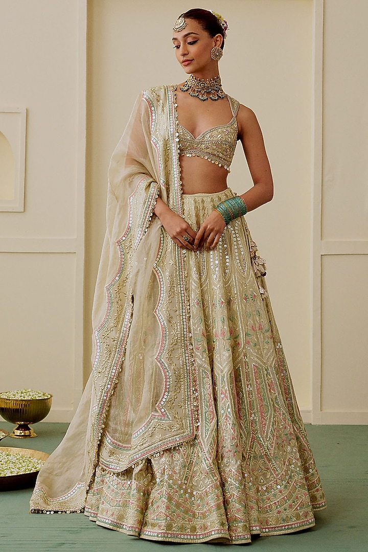 Golden Tissue Mirror Embroidered Wedding Lehenga Set by Gopi Vaid at Pernia's Pop Up Shop