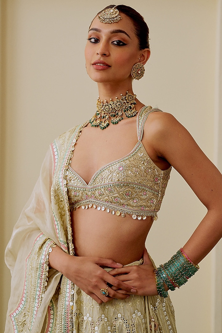 Golden Tissue Mirror Embroidered Wedding Lehenga Set by Gopi Vaid at Pernia's Pop Up Shop