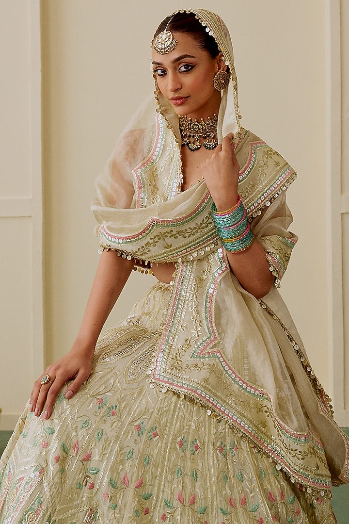 Golden Tissue Mirror Embroidered Wedding Lehenga Set by Gopi Vaid at Pernia's Pop Up Shop