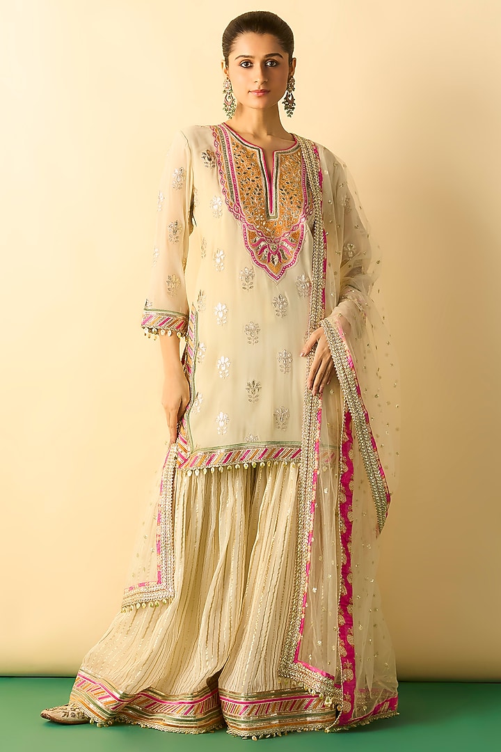 Ivory Georgette Embroidered Wedding Sharara Set by Gopi Vaid at Pernia's Pop Up Shop