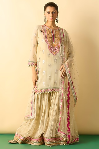 Ivory Georgette Embroidered Sharara Set by Gopi Vaid