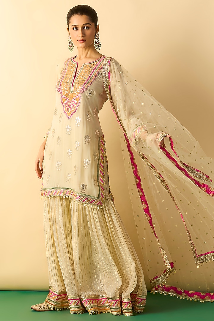 Ivory Georgette Embroidered Wedding Sharara Set by Gopi Vaid at Pernia's Pop Up Shop