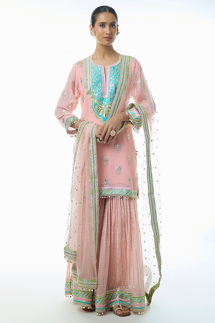Pink Georgette Embroidered Wedding Sharara Set by Gopi Vaid at Pernia's Pop Up Shop