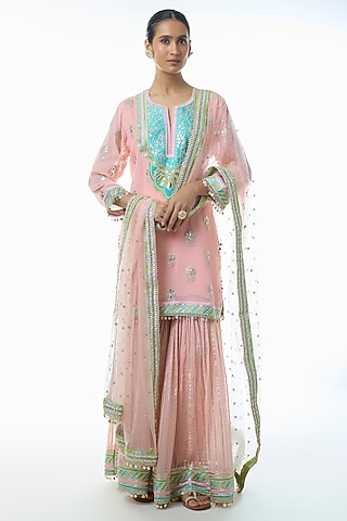 Pink Georgette Embroidered Sharara Set by Gopi Vaid