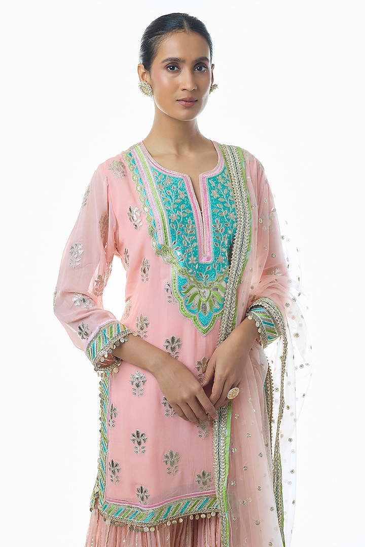 Pink Georgette Embroidered Wedding Sharara Set by Gopi Vaid at Pernia's Pop Up Shop