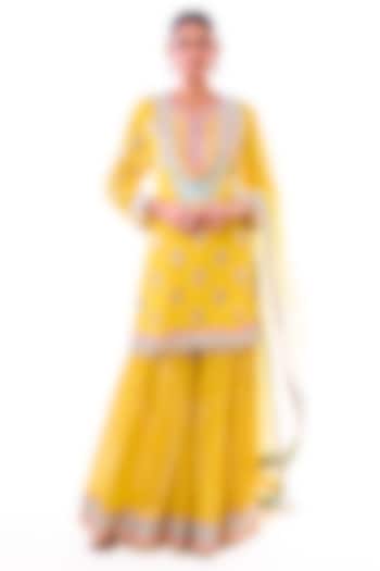 Yellow Georgette Embroidered Wedding Sharara Set by GOPI VAID at Pernia's Pop Up Shop