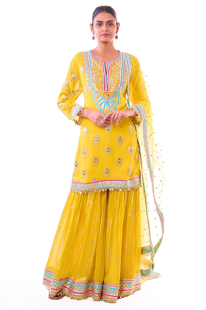 Yellow Georgette Embroidered Wedding Sharara Set by GOPI VAID at Pernia's Pop Up Shop