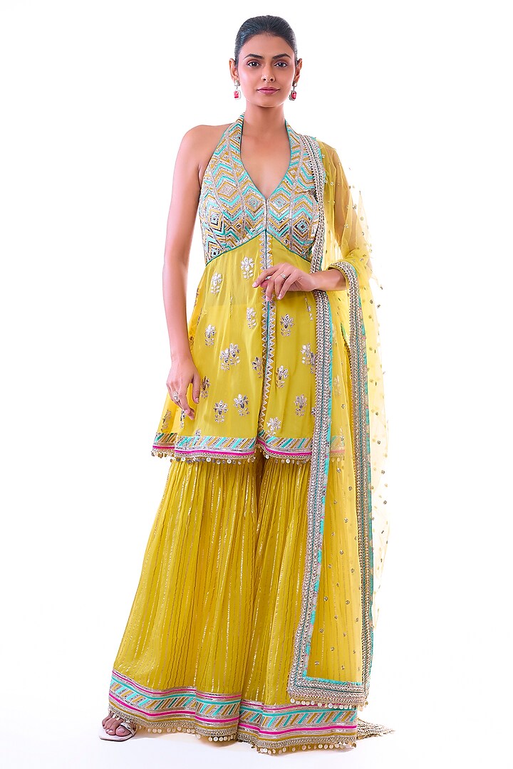 Yellow Georgette Embroidered Wedding Sharara Set by GOPI VAID at Pernia's Pop Up Shop