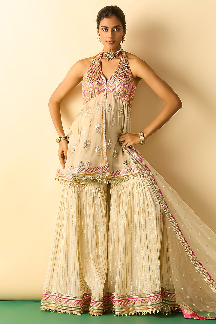 Ivory Georgette Embroidered Wedding Sharara Set by Gopi Vaid at Pernia's Pop Up Shop