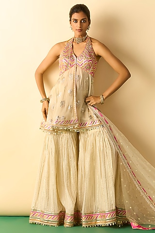 Ivory Georgette Embroidered Sharara Set by Gopi Vaid