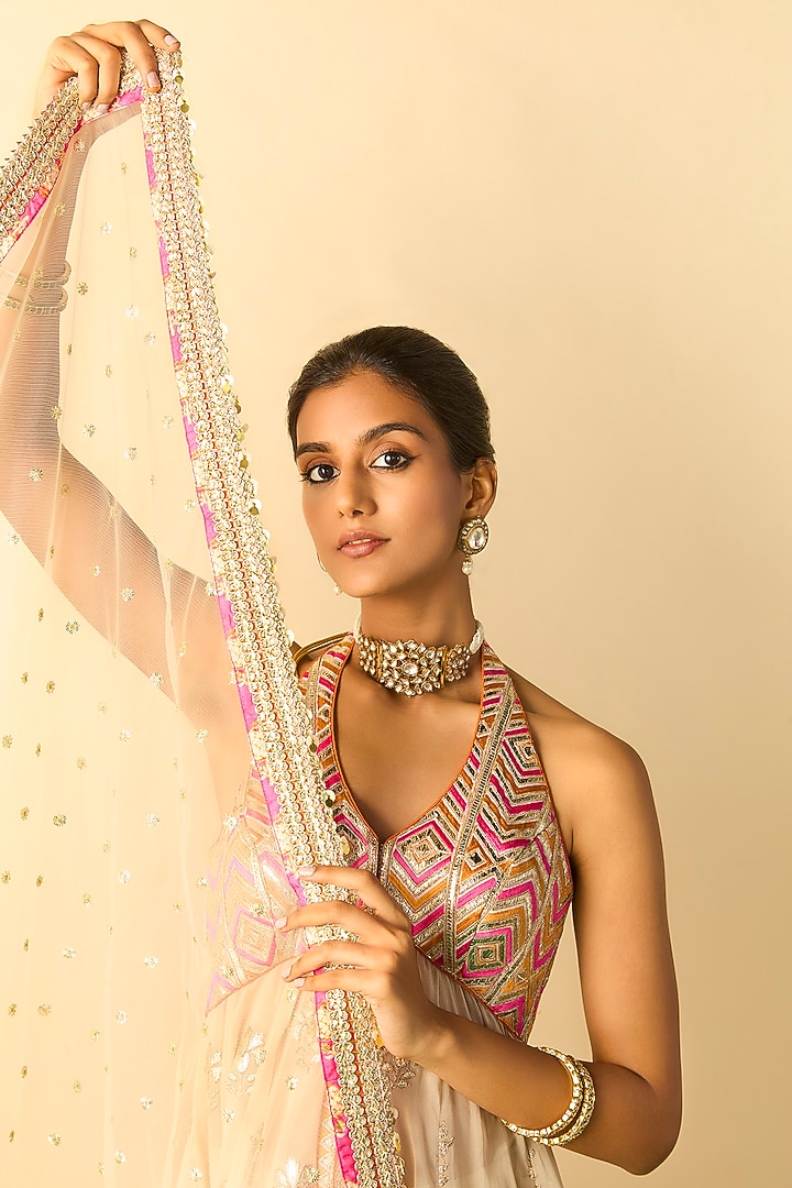 Ivory Georgette Embroidered Wedding Sharara Set by Gopi Vaid at Pernia's Pop Up Shop