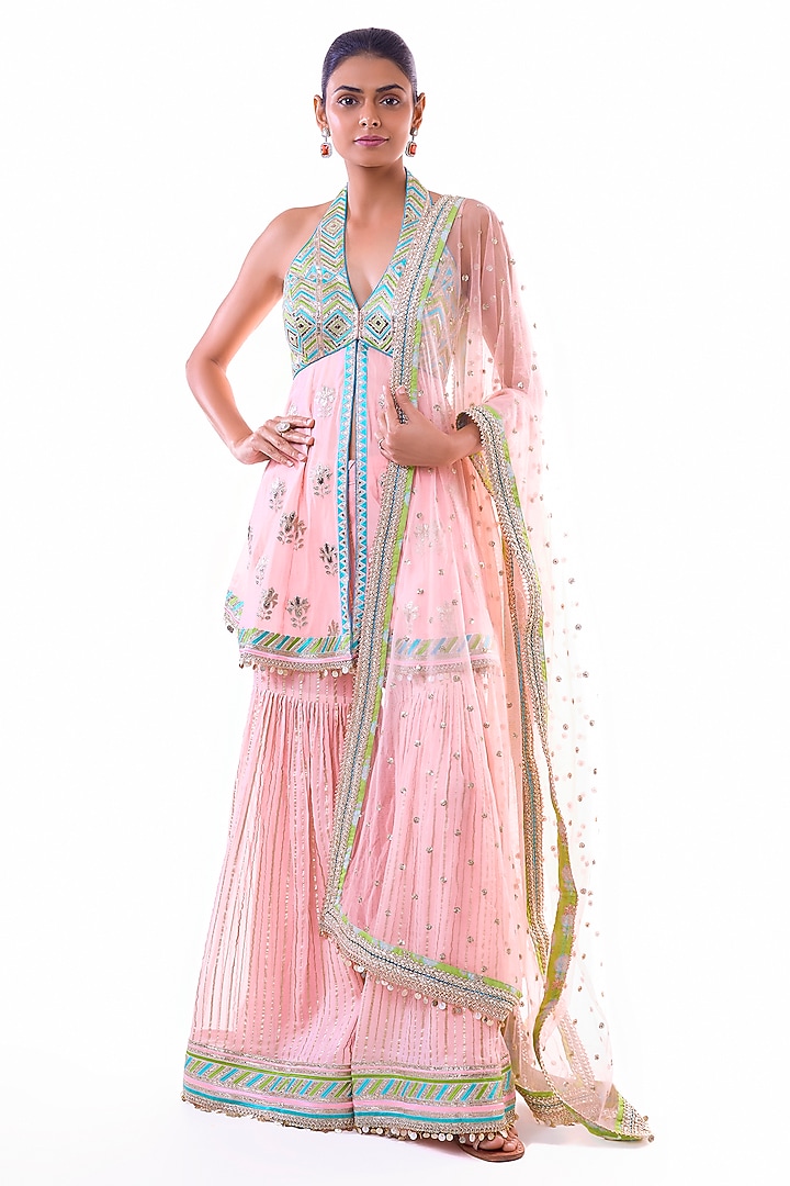 Pink Georgette Embroidered Wedding Sharara Set by GOPI VAID at Pernia's Pop Up Shop