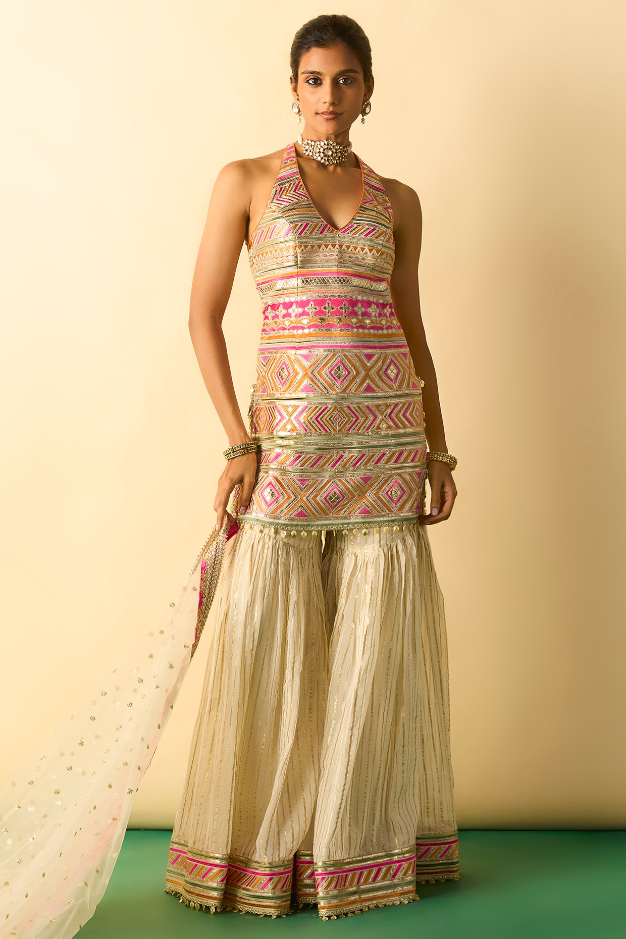 Gopi Vaid Ivory Organza Embroidered Sharara Set