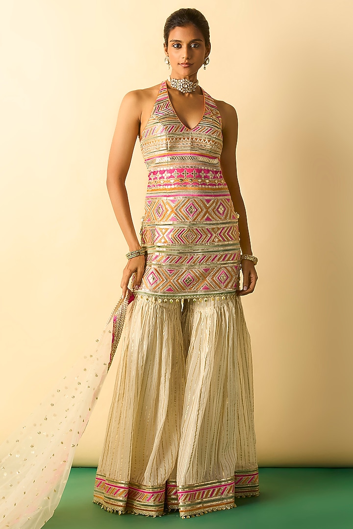 Ivory Organza Embroidered Wedding Sharara Set by Gopi Vaid at Pernia's Pop Up Shop
