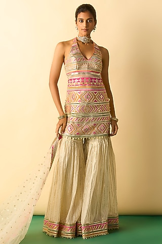 Ivory Organza Embroidered Sharara Set by Gopi Vaid