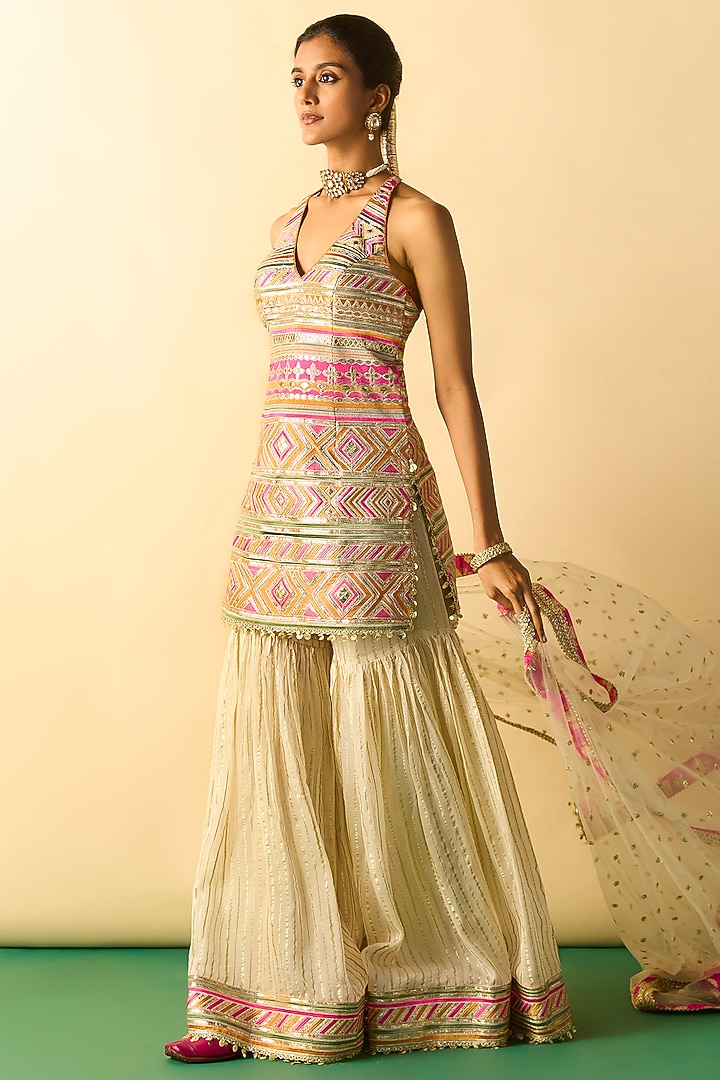 Ivory Organza Embroidered Wedding Sharara Set by Gopi Vaid at Pernia's Pop Up Shop