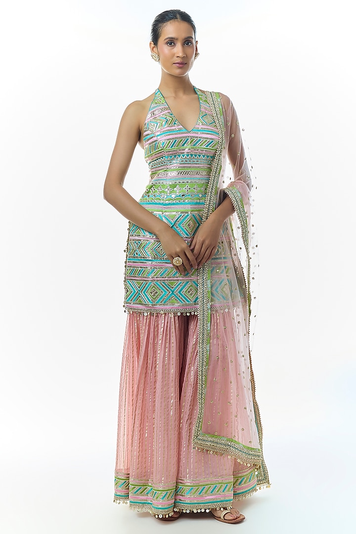 Pink Organza Flared Wedding Sharara Set by Gopi Vaid at Pernia's Pop Up Shop