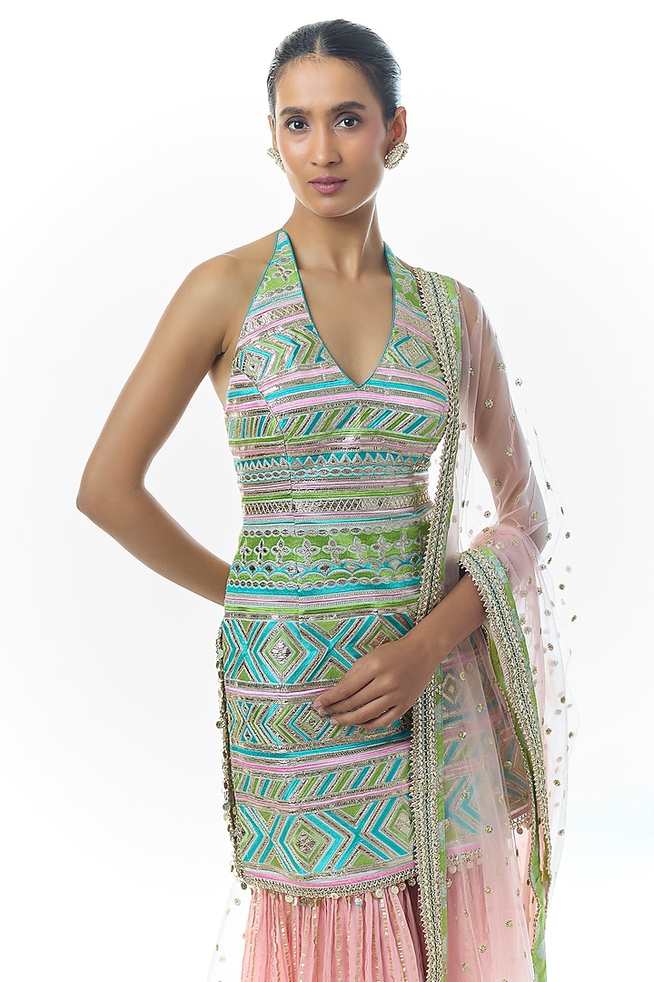 Pink Organza Flared Wedding Sharara Set by Gopi Vaid at Pernia's Pop Up Shop
