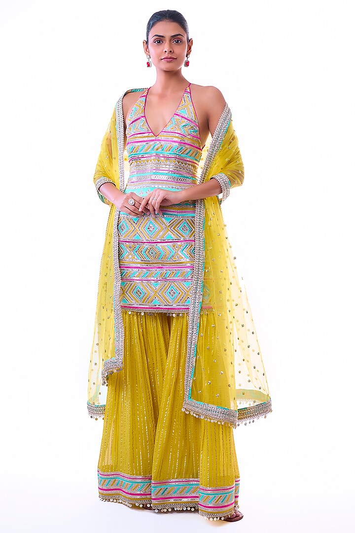 Yellow Organza Embroidered Wedding Sharara Set by GOPI VAID at Pernia's Pop Up Shop