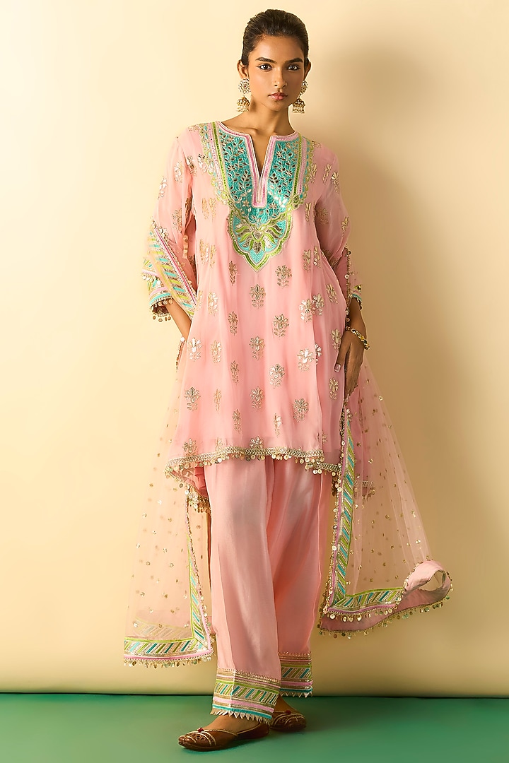 Soft Pink Georgette Hand Embroidered A-Line Tunic Set by Gopi Vaid at Pernia's Pop Up Shop