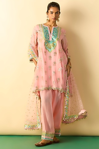 Soft Pink Georgette Hand Embroidered A-Line Tunic Set by Gopi Vaid