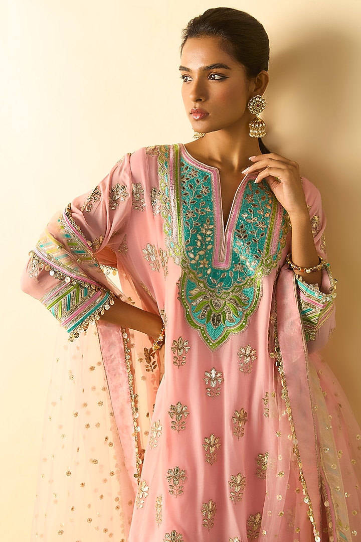 Soft Pink Georgette Hand Embroidered A-Line Tunic Set by Gopi Vaid at Pernia's Pop Up Shop