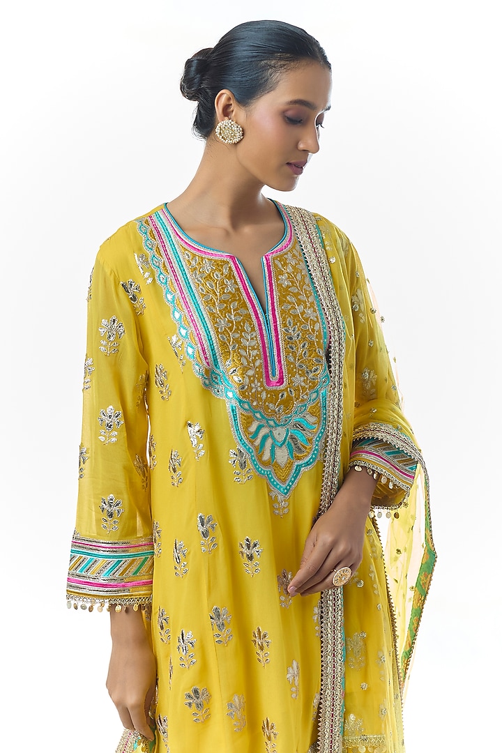 Yellow Georgette Hand Embroidered Tunic Set by Gopi Vaid at Pernia's Pop Up Shop