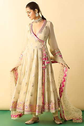 Ivory Georgette Geometric Embroidered Anarkali Set by Gopi Vaid