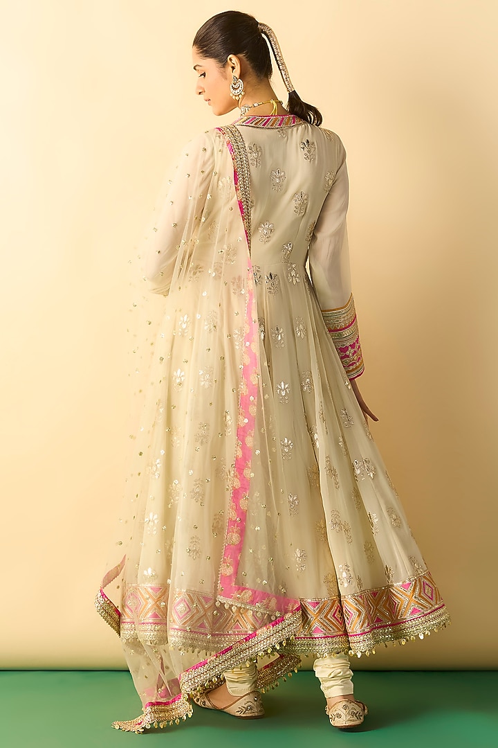 Ivory Georgette Geometric Embroidered Wedding Anarkali Set by Gopi Vaid at Pernia's Pop Up Shop